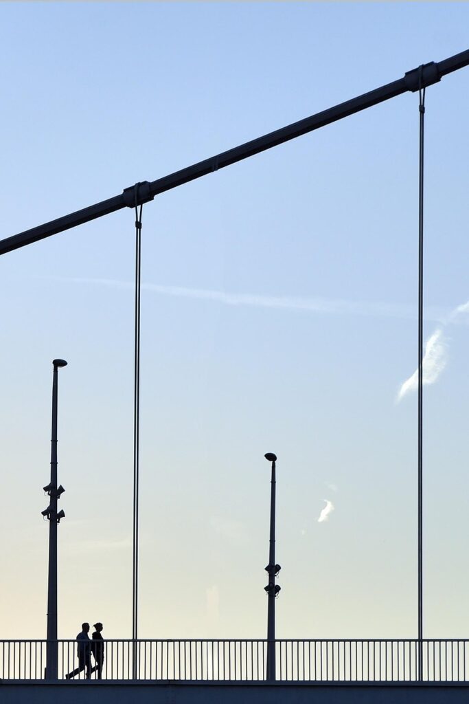 bridge, silhouette, nature, sky, steel, people, walking, road, structure, blue sky, daylight, outdoors